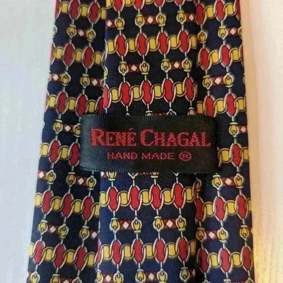 Rene Chagal tie myung joo silk blue/red and yellow Geometric toned tie - Picture 3 of 4